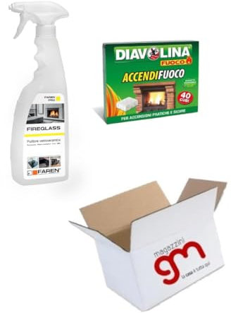 Fireglass, detergente pulitore immediato ed efficace per vetroceramica, forni, barbecue, vetri di stufe e termocamini, muri e mattoncini in Kit con Diavolina (Fireglass+Diavolina40)