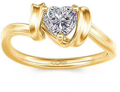 Jeulia Solitär-Silberring mit Herzschliff: Gelbgoldplattierter Verlobungsring mit Zirkonia aus Platin, Jubiläumsversprechen, Brautset, Valentinstagsschmuckgeschenk mit Box (Gelbes Gold, 58(18.5))