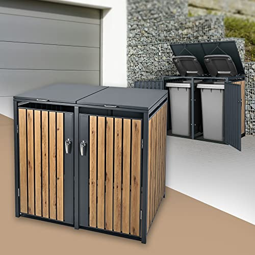 ML-Design Copribidone per 2 Bidoni di Spazzatura Doppio Contenitore Pattumiera Cassonetti Rifiuti 240 L 132 x 80 x 116,3 cm Box in Acciaio Antracite/Effetto Quercia Coperchio Ribaltabile con 2 Porte