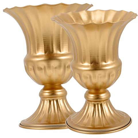 Garneck Lot de 2 Vases Commémoratifs en Fer Doré Haut, Pots de Fleurs de Cimetière pour Décoration Extérieure, Supports Robustes pour Arrangements Floraux, Usage Funéraire et Mémorial