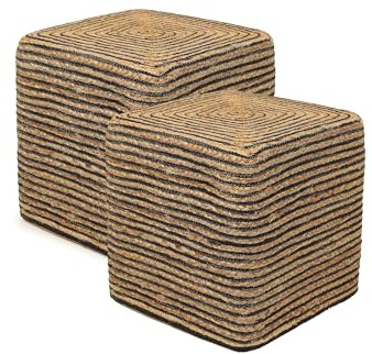 REDEARTH · Cube Pouf Foot Stool Ottoman - Jute Braided Pouffe Poof Accent Sitting Footrest for The Living Room, Bedroom, Nursery, Lounge 50% Jute 50% Cotton Set of 2 (14.5”X14.5”X16”; Natural Black)