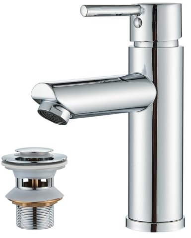 TVTIUO Basin Mixer with Pop-up Waste, Bathroom Single Lever Chrome-Plated Brass Mixer, Basin Mixer, Bathroom Sink Mixer