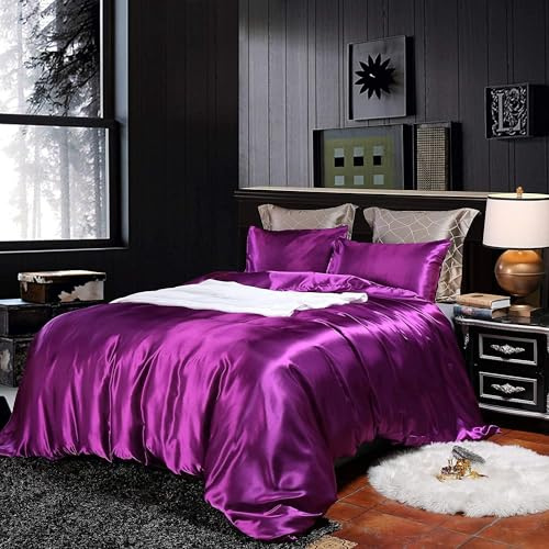 Homewish Housse de Couette Hôtel Violette 230x220 cm - Ensemble de Literie Soie et Satin pour Adulte, Parure de Lit 2 Personnes Réversible, Literie Satin de Soie Brillante avec Fermeture Éclair