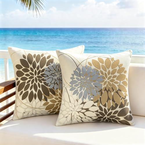DecorMommt 2er Set Kissenbezug Wasserdicht Kissenhülle Blumen Muster Dekokissen Braun Dahlie 45x45cm Kissenbezüge Modern Dekorativ Kissenhüllen für Wohnzimmer Garten Sofa Couch Kissen Deko