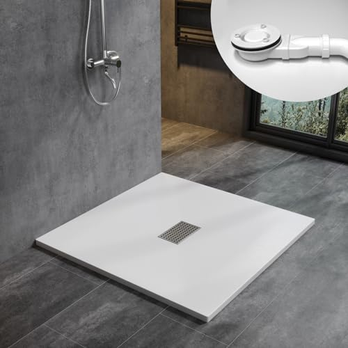 WITEN&NOCK SMC Duschwanne 100x100cm weiß Brausewanne Duschtasse 3,2cm extra flache Steinoptik Antirutsch inkl. Edelstahl Abdeckung und Ablaufgarnitur Ø90mm Siphon