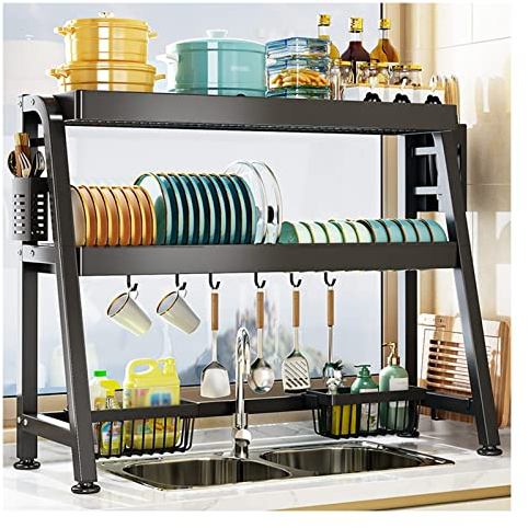 Scodella e scolapiatti sopra Il lavello, Ciotola a Doppio Strato e scolapiatti con Staffa per Tagliere, utilizzato per Ciotola e scolapiatti sul bancone della Cucina (Nero 76x35x79 cm)