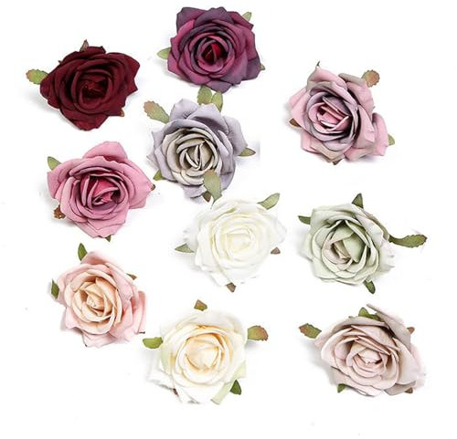 Qinsky Künstliche Rosen Blumenköpfe,10 PCS Rosen Köpfe Künstliche Rosen ohne Stiele Bunt Kunstblumen Seidenrosenköpfe für Heimdekorationen Hochzeitssträuße Gemischte Farbe
