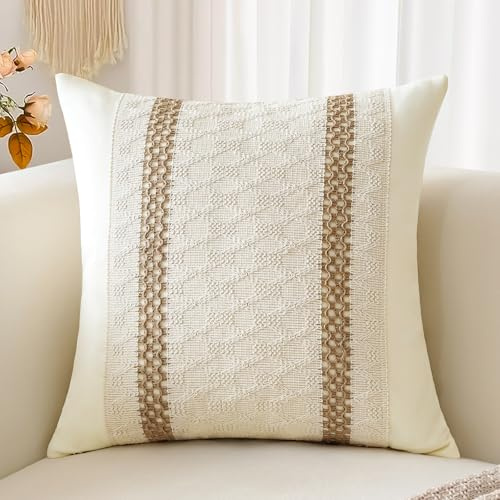 Sungeek 1 pièce Housse de coussin Boho, Housses de coussin décoratives en coton et toile de jute, Style Bohème, Housse de coussin décorative pour canapé, Chambre à coucher (Beige Style B, 40x40 cm)