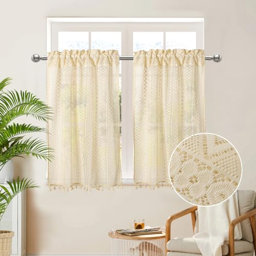 Scheibengardinen Küche Bohemien mit Quaste 2er Set B60xH100cm, Boho Vorhang Beige Bistrogardine, Küchengardinen Landhausstil Gardinen für Wohnzimmer Landhaus Kleine Fenster