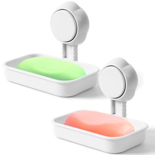 Lot de 2 Porte Savons, Porte Savon Mural avec Ventouse pour Douche, sans Perçage, Adapté à la Salle de Bain et à la Cuisine, Blanc