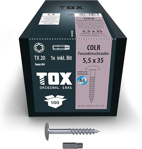 TOX Fassadenschrauben COLR 5,5 x 35 mm, Schrauben für Fassadenplatten aus Edelstahl A4 mit farbigem Tellerkopf, korrosions- und UV-beständig, 100 Stück im Karton, inkl. 1x Bit, 113087415535/AG