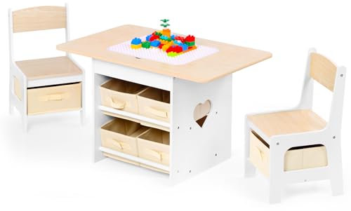 Relquorax Kindertisch mit 2 Stühlen Kindersitzgruppe mit Stauraum Spieltisch Kinder multifunktionaler Aktivitätstisch für Kinder Kindersitzgruppe innen Tisch Stuhl Set (Natur)