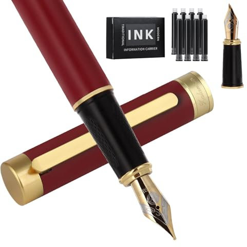 Füllfederhalter Enthält zwei Federn und 8 Tintenpatronen Luxus schönschreibfüller Set Schönes Stiftgeschenk reines Kupfer,Büro-Executive-Stift professionelle glatte Schreibstifte für Männer (Rot)