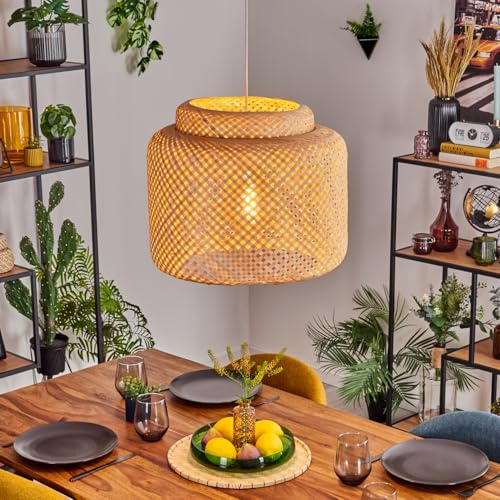 HOFSTEIN Hängeleuchte Vireda, moderne Hängelampe aus Metall/Bambus in Weiß/Natur, Boho-Design, Schirm in Gitter-Optik, Ø 45 cm, verstellbare Höhe max. 140 cm, E27, Wohnzimmer, Esszimmer, Küche, Flur
