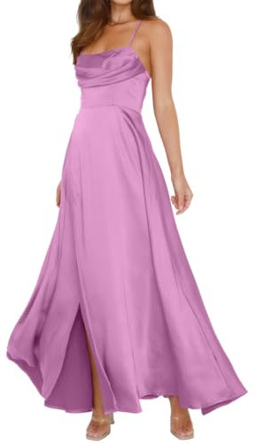 Vestido de dama de honor de satén, extralargo, con tirantes delgados, vestidos de invitada de boda, Lila, 54
