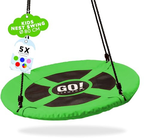 GO!elements Balancoire nid d'oiseau | balancoire nid d Oiseaux Exterieur | Réglable en Hauteur pour Enfants & Adultes (balançoire familiale) jusqu'à 150 kg de capacité | Taille : ø 80 cm, Coul: Vert
