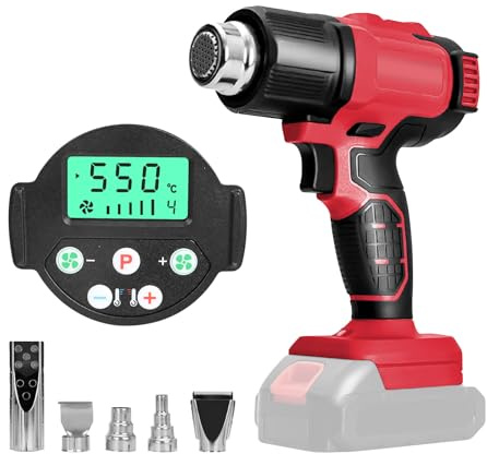 Akku-Heißluftpistole für Milwaukee 18 V Akku, schnurlose Heißluftpistole mit LCD-Display und 5 Düsen, 50 °C - 550 °C, variable Temperaturregelung zum Schrumpfen von PVC, Basteln (keine Batterie)