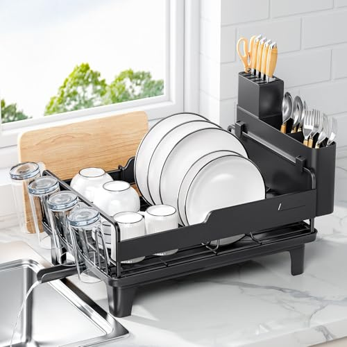 Urackify Dish Drainer Rack - Multifunctional Dish Rack for Kitchen Counter, Anti-Rust Draining Board Rack with Cutlery & Cup Holders, Black