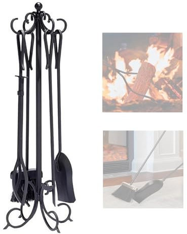 HSIRYAOHD Lot de 5 outils de cheminée en fer forgé robuste avec pince, pelle, tisonnier et brosse pour intérieur et extérieur