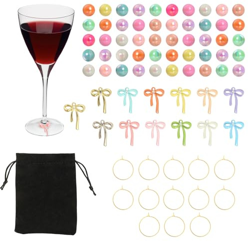 Wasise Wine Glass Charms - Bow Party Decorations, DIY Glass Charms for Drinks, Drinking Buddies Markers, WineTags Party Wineglass Markers for Hen Bar Drink Parties Cocktail Goblet Decor