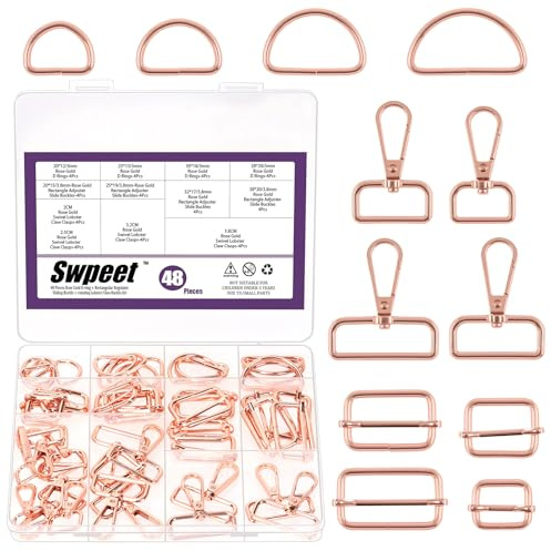 Swpeet 48pcs 4 Größen Rose Gold Metall D Ring & Rechteck Justierer Triglides Rutschen Schnalle & D Ring drehbarer Hummer Verschluss Kit, halbkreis D Ringe Rollenstift Schnallen drehbarer Snap Haken