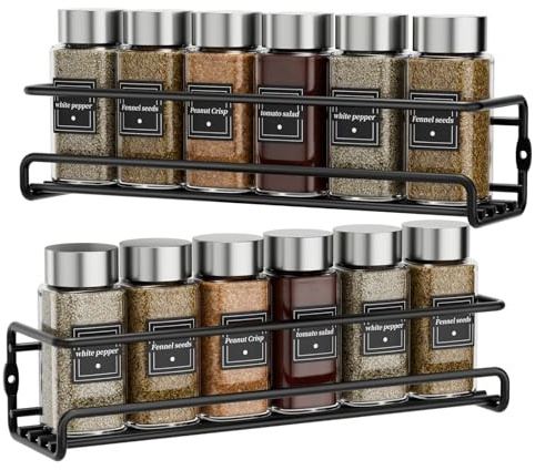 Petgulu Spice Rack Wall Mounted, Set of 2 Spice Organisers, No Drilling, Hanging Metal Spice Holder with Self-Adhesive and Screws for Spice Jars, Kitchen Cabinet, Pantry Door