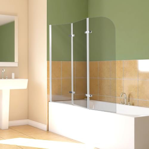 Vkechh Parete doccia per vasca da bagno, 120 x 140 cm, 3 pezzi, pieghevole, con vetro di sicurezza ESG da 6 mm, per vasca da bagno, in vetro trasparente