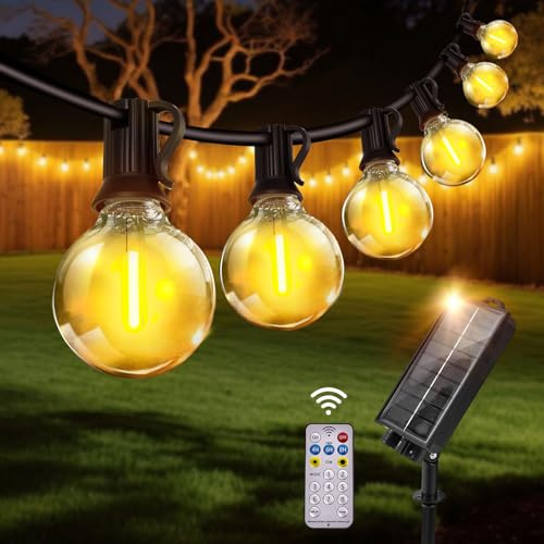 Woowtt Solar-Soffittenleuchten für den Außenbereich, Fernbedienung, 15 m, Solar-Lichterkette für den Außenbereich, Garten mit 25 + 2 LEDs, G40, bruchsichere Glühbirnen, 8 Modi, wasserdichte Lichter