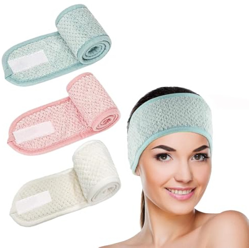 WUSJCOF 3 Stück Verstellbare Kosmetik Haarband Damen Mit Klettverschluss, Schminken Spa Stirnband Frottee Abschmink Für Gesicht Waschen Sport Yoga (Grün, Rosa, Weiß)