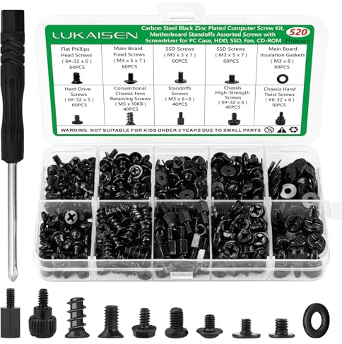 520PCS Computer Screws Standoffs Kit #6-32 Male to M3 Female SSD Screw for Universal Motherboard PC Computer Case Screw Fan CD-ROM-Carbon Steel Black Zinc Plated Insulators + Free Screwdriver