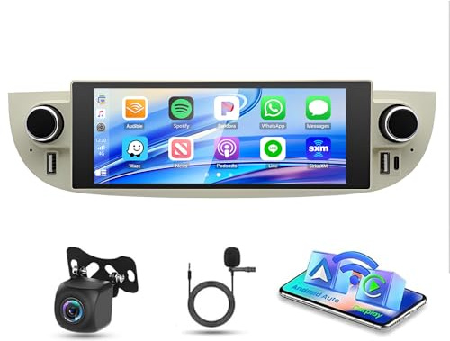 4G+64G Android 14 Car Stereo for Fiat 500 2007-2015 with Wireless Carplay Android Auto 6.86 Inch Touch Screen Double Din Car Radio with Sat Navi Bluetooth WIFI FM/RDS SWC Backup Camera Mic