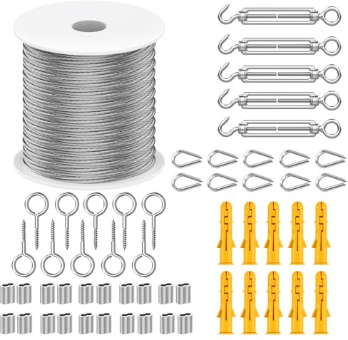 30m Garden Wire for Climbing Plants, 2mm Heavy Duty 304 Stainless Steel Cable Rope Kit, Multi-Purpose, Catenary Wire Kit with M5 Vine Eyes, for Trellis, Outdoor String Light Hanging