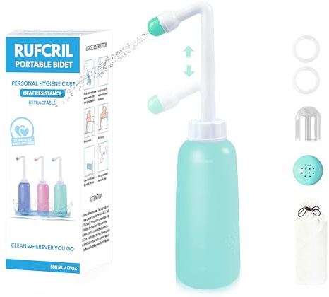 RUFCRIL Peri-flaska, bärbar bidé med infällbart munstycke, handhållen bidé med 2 tätningsringar och resepåse, nödvändigheter för postpartum och perinealvård, hemorrojid- och hygienrengöring, 500 ml