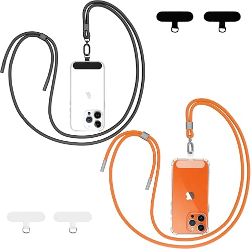 Qyoocom Universal Mobile Phone Chain for All Smartphones, 2-Piece Lanyard Chain for Hanging with 4 Universal Pads, Adjustable and Detachable. (Black+Orange)