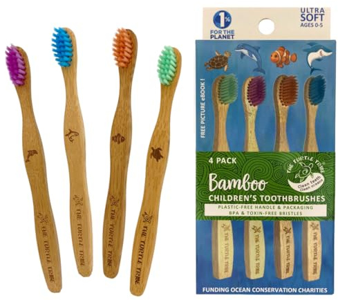 The Turtle Tribe® Bamboo Eco Toothbrush, Kids 4 Pack | Ultra Soft BPA-Free Bristles, Every Purchase Funds Ocean Conservation Charities, Natural and Biodegradable Handle