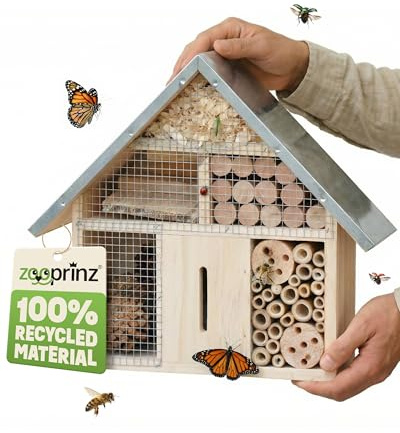 zooprinz Insektenhotel klein aus Holz 27,3 cm Metalldach | Wetterfestes Insektenhaus und Bienenhotel mit Bambus-Röhrchen als Nisthilfe für Wildbienen, Garten und Balkon