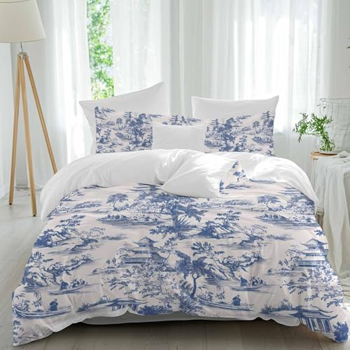 Duvet Cover King Size 3 Piece Bedding Set, Blue Chinoiserie Garden Pavilion Soft Breathable Comforter Cover with 2 Pillow Shams, Asian Scenic Hill Boat Plant Luxury Duvet Covers with Zipper Closure