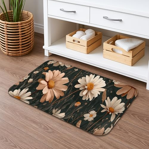 Tapete de baño vintage floral de secado rápido, absorbente de crisantemo verde oscuro, antideslizante, tapete decorativo de otoño lavable para baño, inodoro, baño, 16 x 24 pulgadas