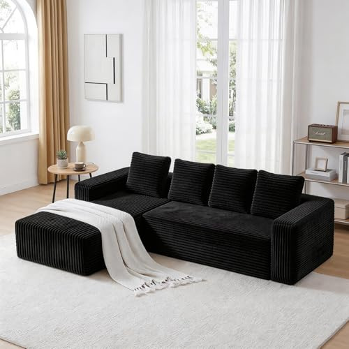 KOMHTOM 261cm Canapé Modulable d'angle, Canapé 3 Places en Velours Côtelé avec 4 Coussins Confortables, Accoudoir, Fauteuil Rembourré (Noir, E)