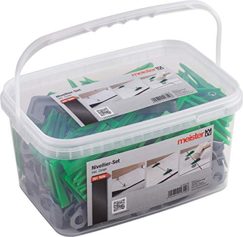Meister Tile Levelling System 351 Pieces ✓ Tile Thickness 7-15 mm ✓ with Pull Clamp ✓ Clips & Spacers | Tile Levelling Aid with Strap | Laying aid with Wedges | 4423100