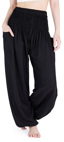 Lannaclothesdesign Women's Smocked Waist Boho Flowy Yoga Harem Pants Hippie Clothes (M, Black)