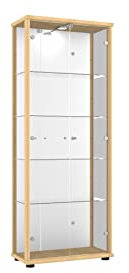 K-Möbel Glas Vitrinenschrank 2-türig (176x67x33cm) - Made in Germany - Standvitrine Buche mit 4 höhenverstellbaren Glasböden, Spiegel, Schloss & LED - Glasvitrine Stehend - Sammler