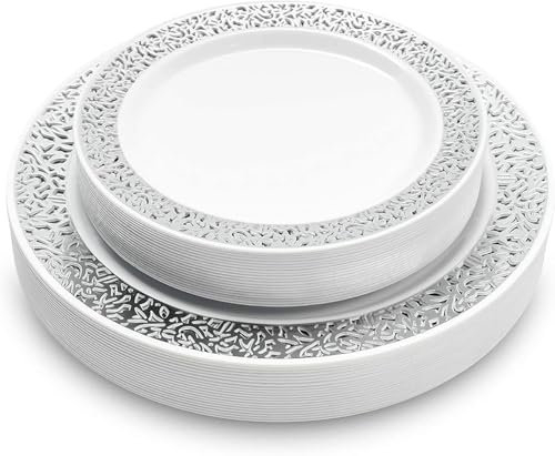 MATANA 40 Premium White Plastic Plates with Silver Lace Rim - 20 Dinner and 20 Dessert Plates - Elegant & Reusable Party Tableware for Weddings, Birthdays, Picnic, Parties