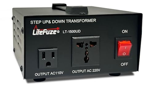 LiteFuze 1500 Watt Voltage Converter Transformer Step Up/Down - 110v to 220v / 220v to 110v Power Converter - Fully USA Grounded Cord - Universal Outlet Socket, 2x US Outlets - CE Certified