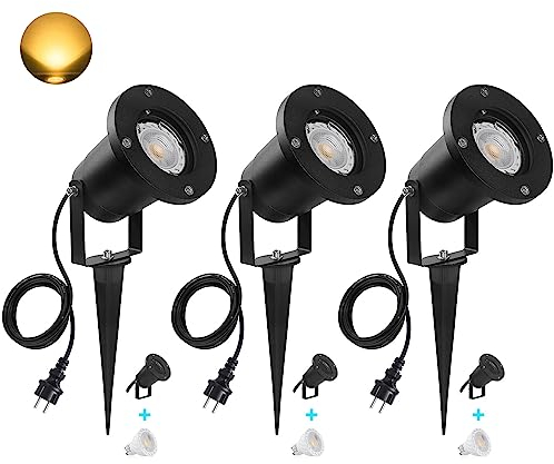 SanGlory 3 Pezzi Luci per Sentieri con Picchetto, 7W Faretto da Giardino GU10 Proiettore LED Spot, Faretti LED da Giardino Impermeabile IP65, 800LM, 3000K Bianco Caldo per Prato, Terrazzo, Cortile