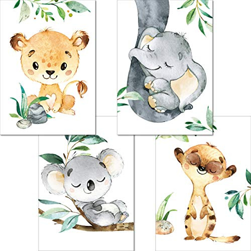 LALELU-Prints Bilder Kinderzimmer Poster Babyzimmer Deko Mädchen Jungen Kinderbilder Set Kinderzimmerbilder (Dschungeltiere 4er Set)