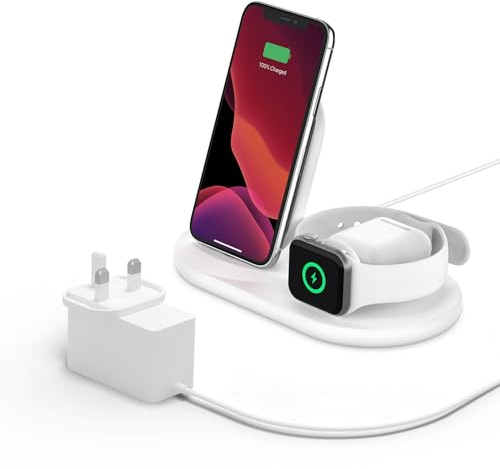 Belkin 3-in-1 Wireless Charger (7.5W Charging Station for iPhone, Apple Watch and AirPods) Charging Dock, Apple Watch series 8, 7, 6 Charging Stand - White