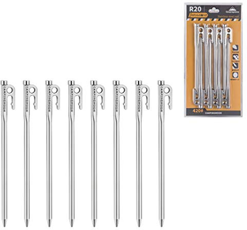 CAMPINGMOON 7.87-inch 8pcs Martensitic Stainless Steel 420J2 Hardened Forged Tent Stake Power Peg Ideal for Hard Ground R-20-8P…