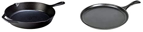 LODGE L10SK3CN 30.48 cm/12 inch Pre-Seasoned Cast Iron Round Skillet/Frying Pan, Black 26.67 cm / 10.5 inch Pre-Seasoned Cast Iron Round Griddle/Pancake Pan, Black