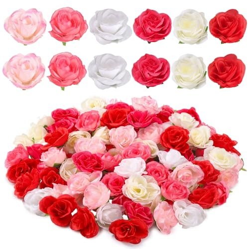 Geosar 102 Pcs 1.4 Inch Mini Fake Rose Flower Heads Tiny Artificial Silk Rose Head Small Multicolor Flower for Crafts Wedding Party Bouquet Hats DIY Wreath Decoration, 6 Colors